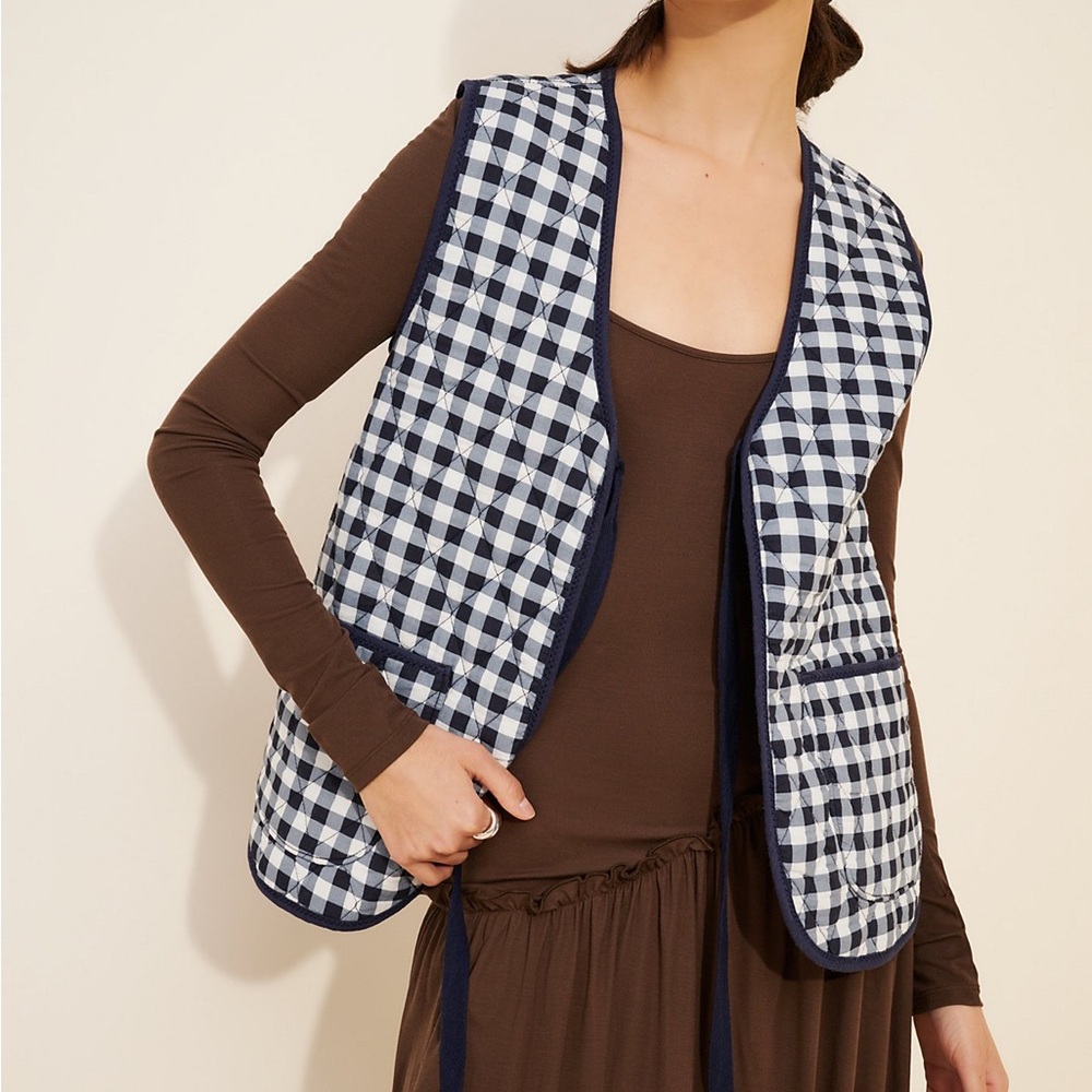 Free People Claudine Quilted Vest Gingham Tie-Front Medium 100% Cotton - Picture 3 of 12